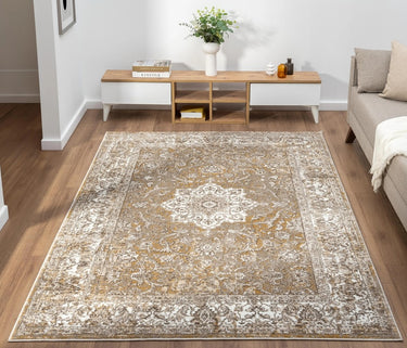 865AC Classic Ochre Gold Traditional Vintage Textured Bordered Hallway Runner Rug - Small 80x150 cm (2'6"x5')