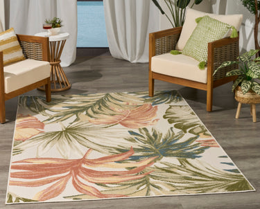 Nourison Aloha ALH43 Ivory Green Indoor Outdoor Polypropylene Floral Textured Rug - Medium 107x168 cm (3'6"x5'6")