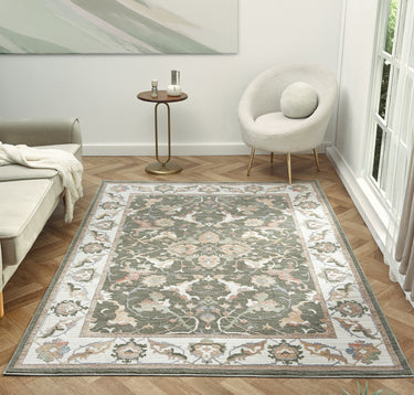 Alia Keyon Green Traditional Floral Bordered Rug - Medium 120x170 cm (4'x5'6")
