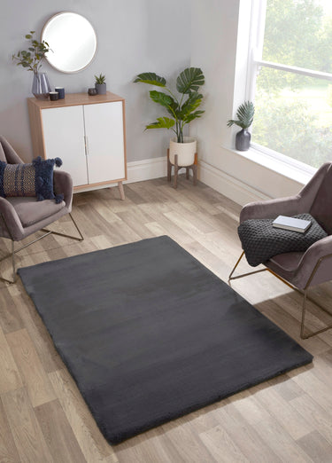 URCO Luxe Faux Fur Super Charcoal Grey Shaggy Textured Plain Rug - X-Small 60x100 cm (2'x4')