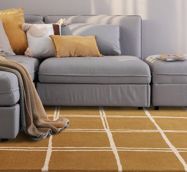 Asiatic London Albany Grid Checkered Lines Gold Wool Traditional Geometric Checked Rug - X-Large 200x290 cm (6'7"x9'6")