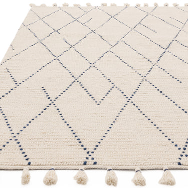 Nepal Cream Blue Linear Bohomian Berber Hand Woven Wool Fringed Rug - Medium 120x170 cm (4'x5'6")