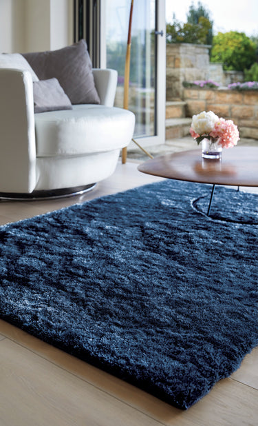 Origins Glamour/Shimmer Indigo Blue Soft Silky Shaggy Rug - Small 80x150 cm (2'6"x5')