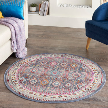 Kashan VKA05 Grey Multi Bordered Classic Polypropylene Persian Oriental Traditional Rug - Round 183x183 cm (6'x6')
