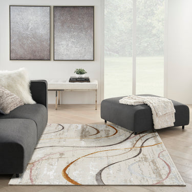 Glitz GLZ01 Silky Linear Pattern Ivory Multi Abstract Geometric Modern Rug - Medium 119x180 cm (3'11"x5'11")