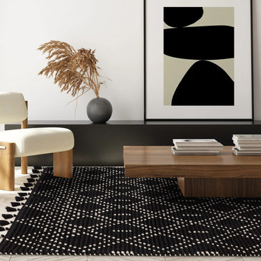 Nepal Black Cream Diamond Bohomian Berber Hand Woven Wool Fringed Rug - Medium 120x170 cm (4'x5'6")
