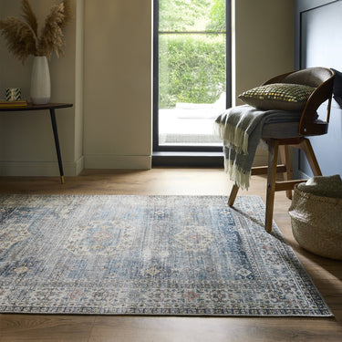 Origins Venice Bordered Classic Blue Washable Non-Slip Cotton Chenille Rug - Large 160x230 cm (5'3"x7'7")
