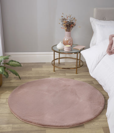 URCO Luxe Faux Fur Super Blush Pink Shaggy Textured Plain Rug - Circle 133x133 cm (4'5"x4'5")