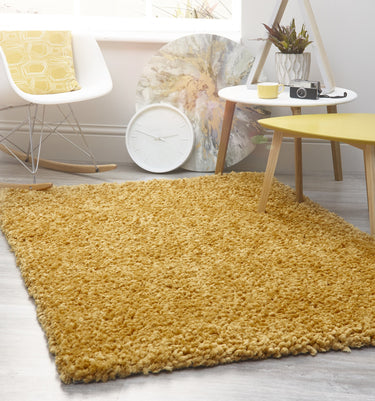 Origins Portland High Pile Super Fluffy Ochre Yellow Shaggy Modern Plain Rug - X-Small 60x110 cm (2'x3'7")
