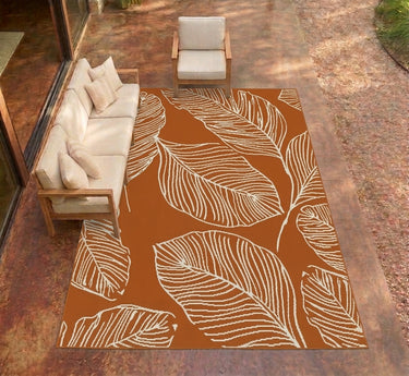 Terrace Leaf Aqua Terracotta Orange Indoor Outdoor Polypropylene Modern Rug - Small 80x150 cm (2'6"x5')