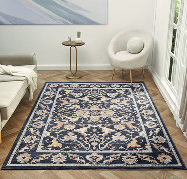 Alia Keyon Navy Traditional Floral Bordered Rug - Medium 120x170 cm (4'x5'6")