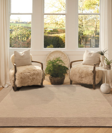 Origins Borders Hand Loom Woven Wool Bordered Rug Hallway in Natural Beige - Small 80x150 cm (2'6"x5')