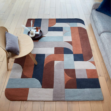 Asiatic London New Matrix Klotski MAX88 Retro Tufted Terracotta Blue Handmade Wool Abstract Geometric Rug - Medium 120x170 cm (4'x5'6")