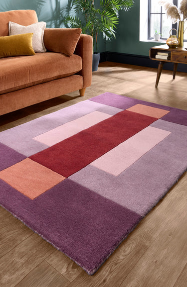 Sienna Block Berry Rug Modern Geometric Hand-Carved Soft 100% Wool Area Rug in Purple Terracotta Rust - Medium 120x170 cm (4'x5'6")