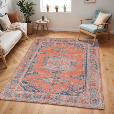 Colin Vintage Terracotta Blue Washable Wool Cotton Chenille Hallway Runner Rug - Medium 120x170 cm (3'11"x5'7")