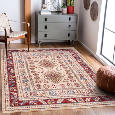Orient 2520 Bordered Cream Red Polypropylene Traditional Floral Textured Rug 80x150 cm