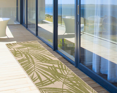 Asiatic London Patio Palm Botanical Leaf Green Indoor Outdoor Polypropylene Geometric Flatweave Hallway Runner Rug - Runner 66x240 cm (2'5"x8')