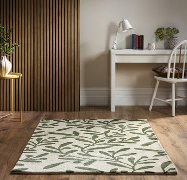 Origins Wool Hand Tufted Trailing Leaf Cream/Green Rug - Large 160x230 cm (5'3"x7'7")
