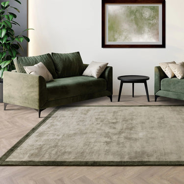Blade Border Plain Silky Hand Woven Viscose Rug in Sage Green with Olive Border - Large Square 160x160 cm (5'3"x5'3")