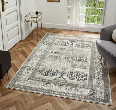 Petra Ellorah Classic Heritage Grey Blue Polypropylene Traditional Textured Bordered Hallway Runner Rug - Small 80x150 cm (2'6"x5')