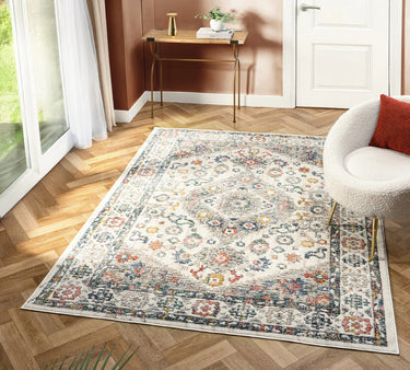 Nova Oscar Cream Blue Polypropylene Traditional Vintage Bordered Rug - X-Large 200x290 cm (6'7"x9'6")