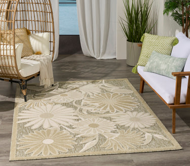 Nourison Aloha ALH33 Ivory Sage Green Indoor Outdoor Washable Polypropylene Floral Rug - Medium 107x168 cm (3'6"x5'6")