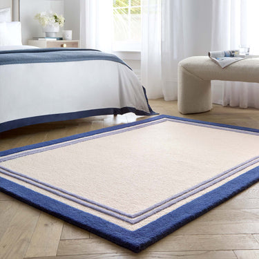 Origins Piper Framed Tufted Blue Cream Wool Bordered Modern Rug - Small 80x150 cm (2'6"x5')
