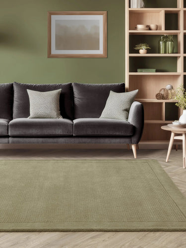 York Wool Rug Hand Made Modern Plain Bordered Rug in Sage Green - Medium 120x170 cm (4'x5'6")