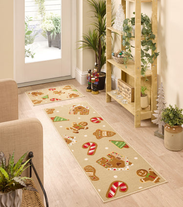 Floormatters Washable Runner and Doormat Set Anti-Slip Loop Gingerbread Cream Beige Mat in 40x60 & 50x150 cm