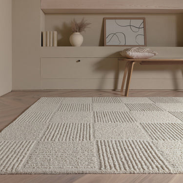 Zennith Grid Design Tufted Boucle Texture Cream White Wool Geometric Textured Scandi Rug - Medium 120x170 cm (4'x5'6")