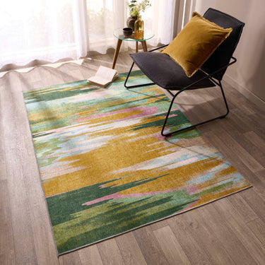 Washable Contemprary Abstract Sedona Green/Ochre Rug or Hallway Runner - Small 80x150 cm (2'6"x5')