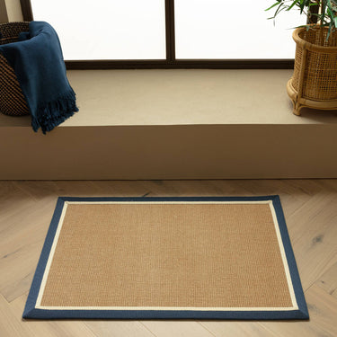 Bordo Boucle Sisal Blue Cream Border Natural Beige Jute Cotton Textured Flatweave Hallway Runner Rug - Doormat 60 × 90 cm (2'0"x3'0")