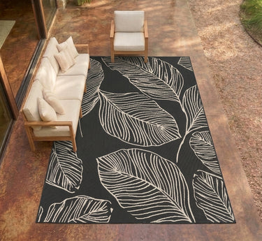 Terrace Leaf Aqua Black Indoor Outdoor Polypropylene Modern Rug - XX-Large 240x340 cm (8'x11'2")