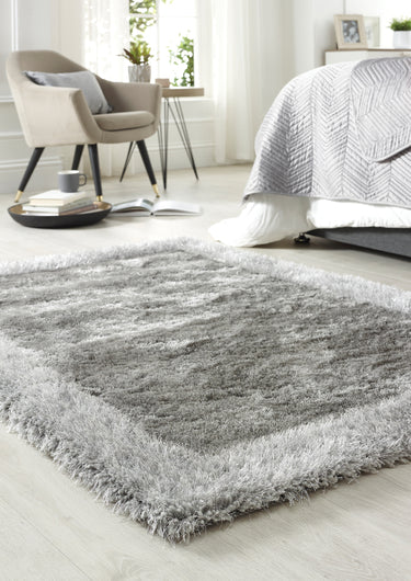 Origins Shimmer Silky Tufted Border Fluffy Shag Silver Shaggy Bordered Modern Rug - Small 80x150 cm (2'6"x5')