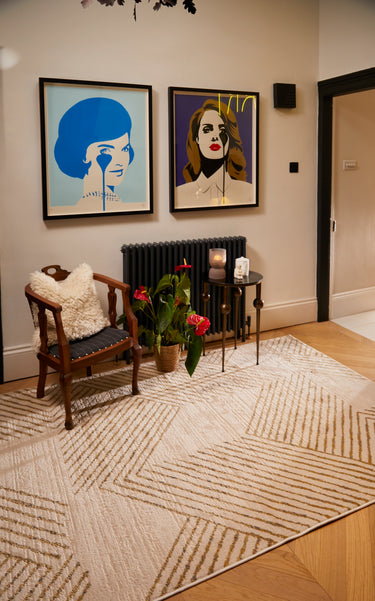 Phoenox New Origins Delta Ivory Gold Polypropylene Abstract Geometric Rug - Small 80x150 cm (2'6"x5')