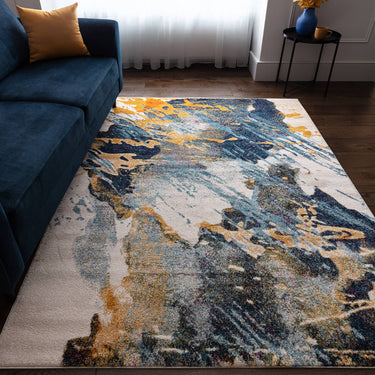 Nova NV41 Sonic Pictorial Vibrant Blue Gold Polypropylene Abstract Striped Rug - Small 80x150 cm (2'6"x5')