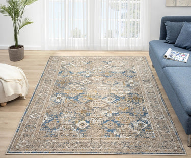 550AG Blue Traditional Vintage Textured Bordered Hallway Runner Rug - Small 80x150 cm (2'6"x5')