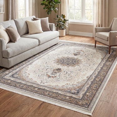 Royality ROY103 Cream Traditional Bordered Persian-Style Rug - 120 x 180 cm (3'11"x5'11")