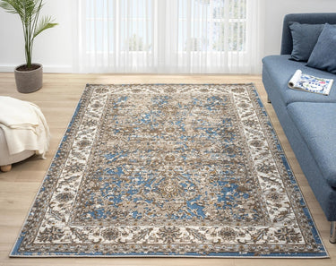 553A2 Classic Blue Traditional Vintage Textured Bordered Hallway Runner Rug - Small 80x150 cm (2'6"x5')
