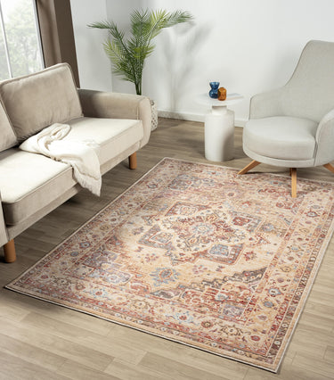Alia 842GC Short Pile Beige Rose Polypropylene Traditional Floral Bordered Rug - Medium 120x170 cm (4'x5'6")