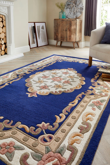 Origins Aubusson Shensi Traditional Wool Round, Hallway, Halfmoon Rug in Navy - X-Small 60x120 cm (2'x4')