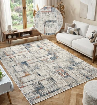 Delta Zeta Cream Navy Grey Cotton Vintage Abstract Geometric Rug - Large 160x230 cm (5'3"x7'7")