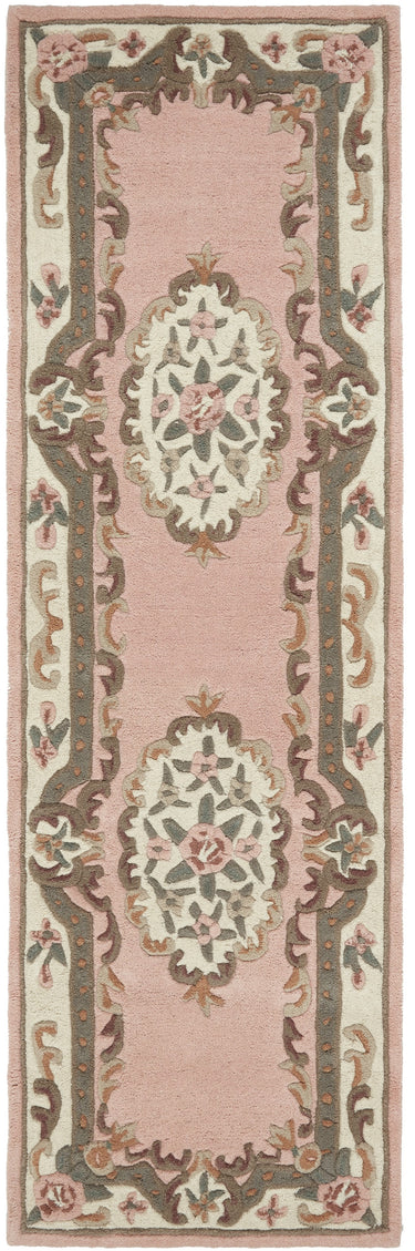 Lotus Premium Aubusson Design Pink Wool Traditional Floral Hallway Runner Rug 67x210 cm