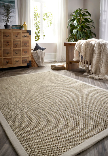 Origins Sisal Border Hand Made Rug Modern Natural Jute Rug in Light Beige with Sand Border - Small 80x150 cm (2'6"x5')