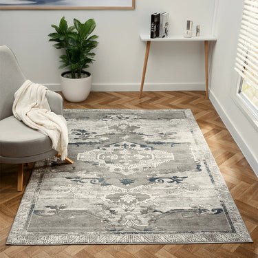 Petra Ajanta Classic Bordered Medallion Grey Blue Polypropylene Traditional Vintage Floral Hallway Runner Rug - Small 80x150 cm (2'6"x5')