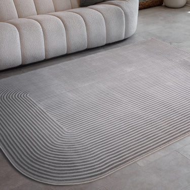 Kuza Shape Rug Soft Silky Curved Edges Abstract Modern Plain Striped Rug in Silver / Grey - Medium 120x170 cm (4'x5'6")