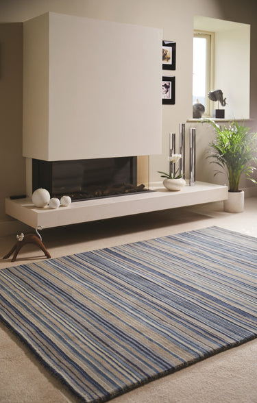 Origins Fine Stripes Hand Loom Woven Wool Rug Halway in Blue Beige - 80x150cm (2'6"x5'0")