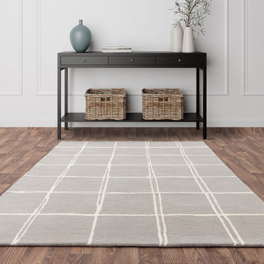 Asiatic London Albany Grid Checkered Lines Silver Grey Wool Traditional Geometric Checked Rug - Small 80x150 cm (2'6"x5')