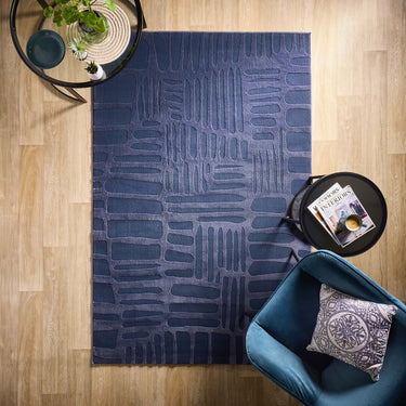 Origins Pathway Navy Blue Non-Slip Cotton Abstract Rug - Small 80 x 150 cm (2'6"x5')