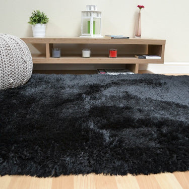 Plush Plain Shaggy High Pile Thick Silky Fluffy Soft Hand Woven Black Rug - Medium 120x170 cm (4'x5'6")